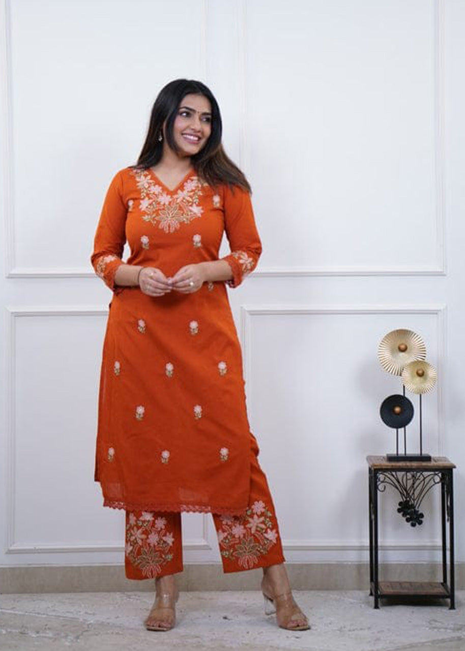 Pure Cotton Slub Embroidered Kurta Pant Set