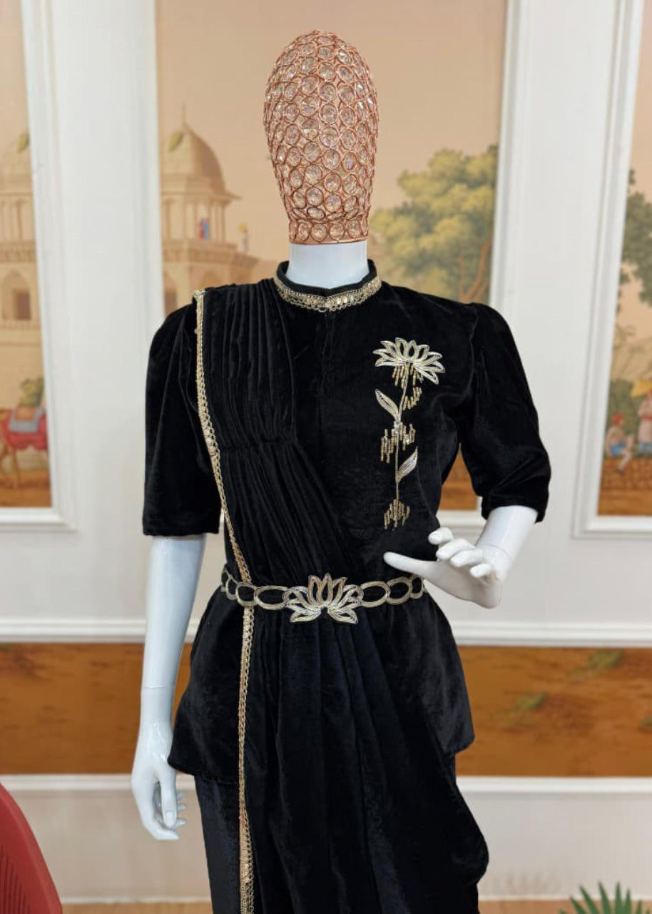 Premium Indo-Western 3-Piece Velvet Saree Set