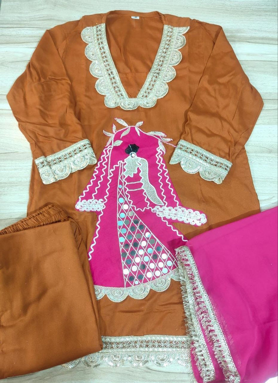 Festive Rani Pink Kurta Set with Peacock Embroidery & Gota Work