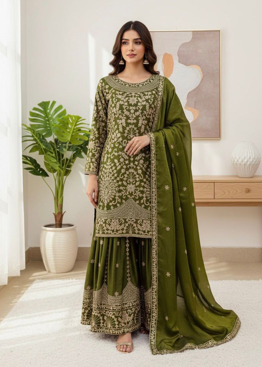 Designer GMY Silk Heavy Embroidered Sharara Suit Set with Dupatta