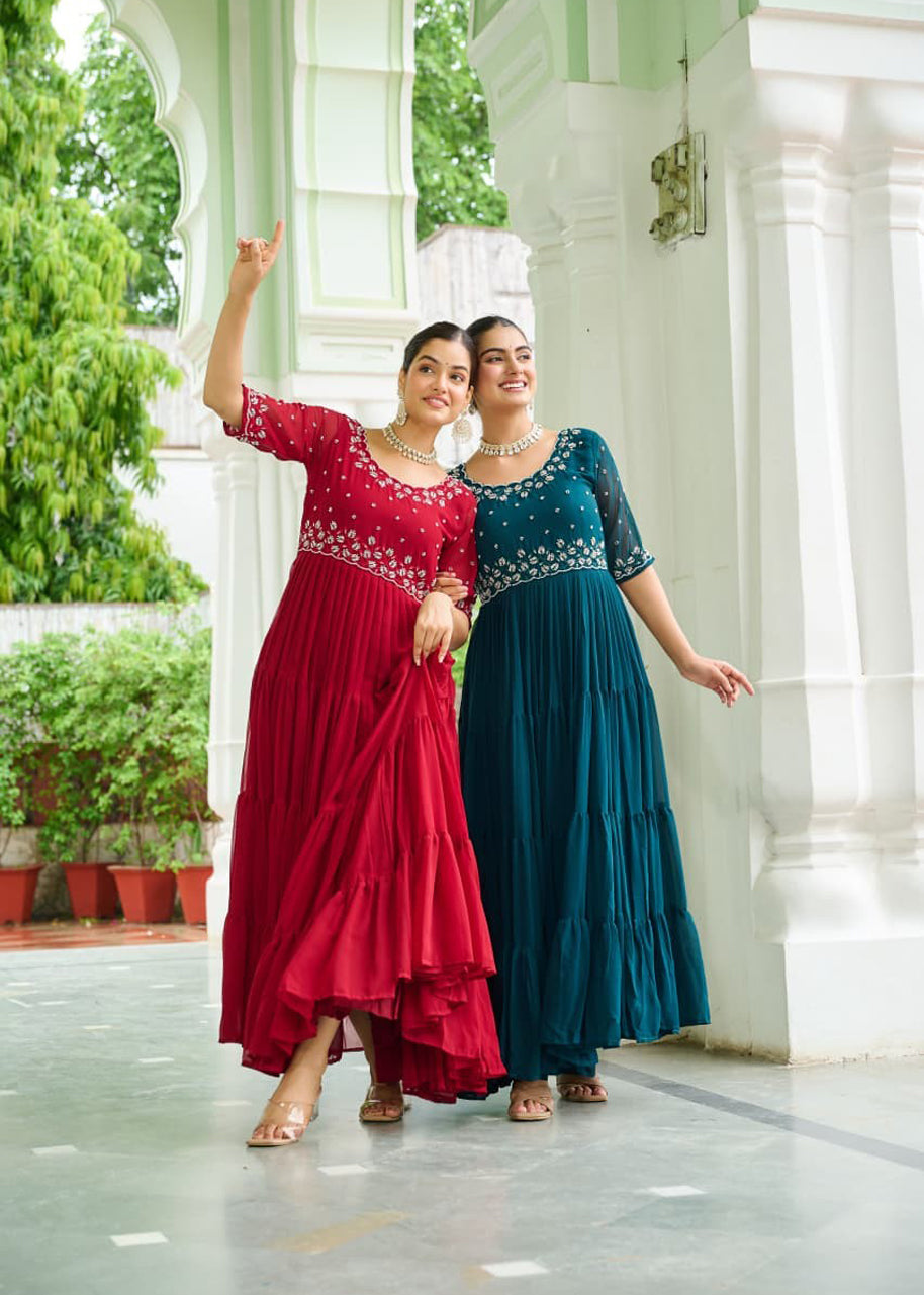 Pehnava Style Faux Blooming With Beads Embroidery Work Gown