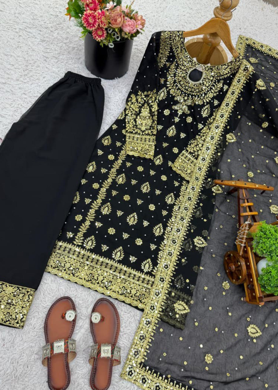 New Designer Party Wear Top, Palazzo & Dupatta Set with Heavy Embroidery