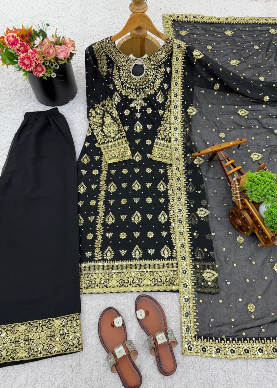 New Designer Party Wear Top, Palazzo & Dupatta Set with Heavy Embroidery
