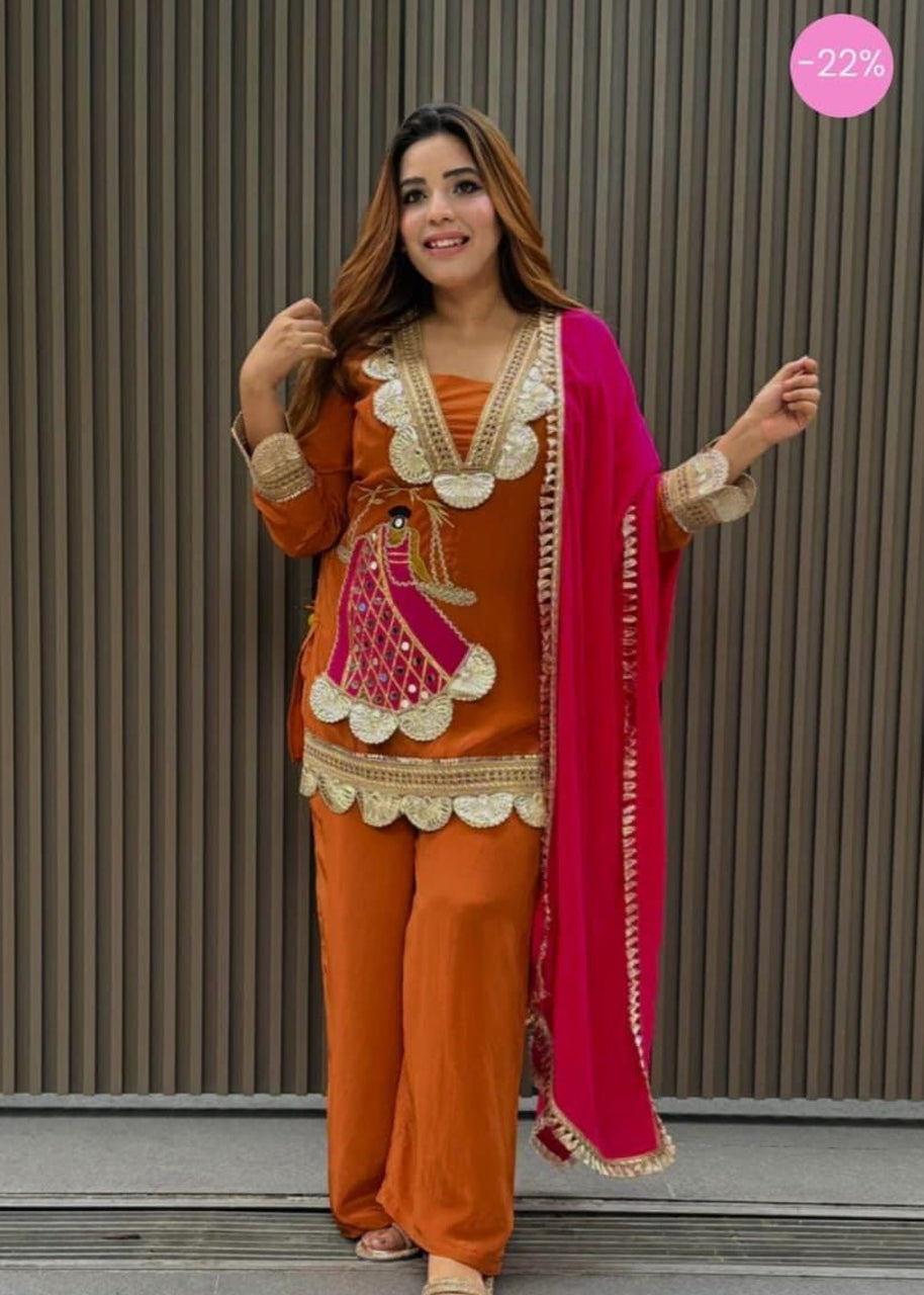 Festive Rani Pink Kurta Set with Peacock Embroidery & Gota Work