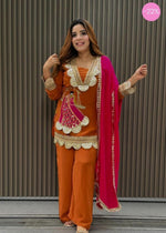 Festive Rani Pink Kurta Set with Peacock Embroidery & Gota Work
