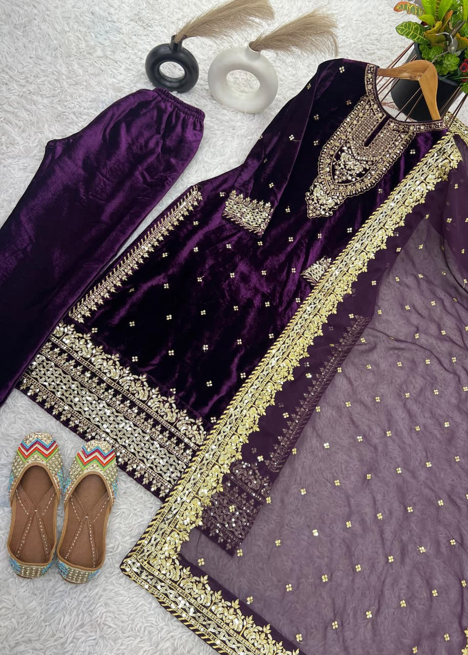 Party Wear Velvet Designer Set – Top, Bottom & Dupatta