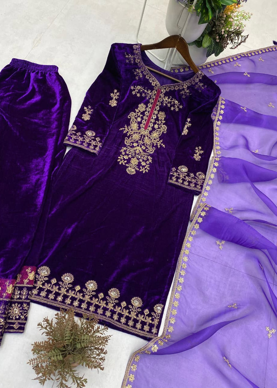 Luxury Winter Velvet Kurta Plazzo Set for Wedding & Party Wear