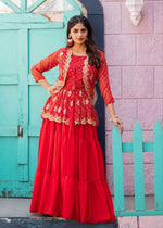 Designer Embroidery Pink Bandhej Lehenga Crop Top & Jacket