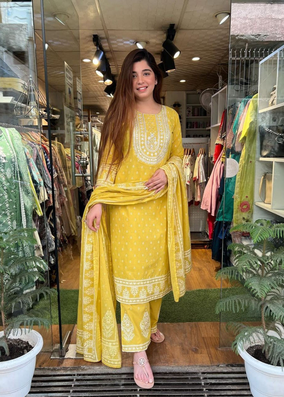 Printed Cotton Kurta Set with Sequin Mirror Work &amp; Dupatta