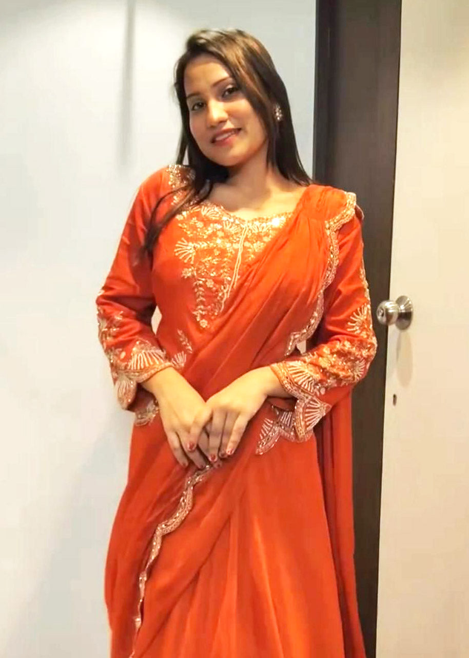 Designer Chinon Lehenga Saree with Long Blouse – Bridal, Wedding & Party Wear