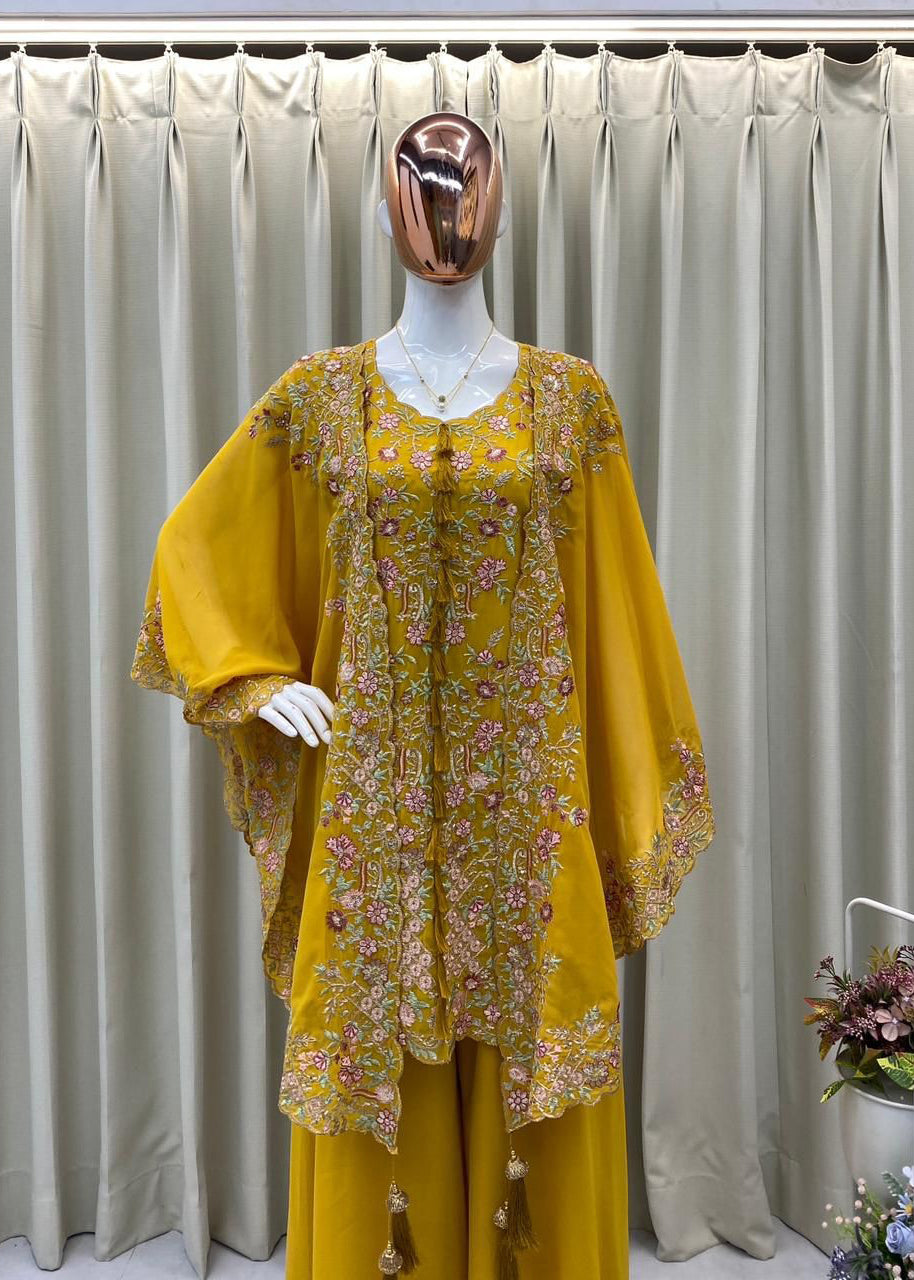 Designer Wear Kurta Plazzo Pair With Shruge In Sequence Embroidery Work