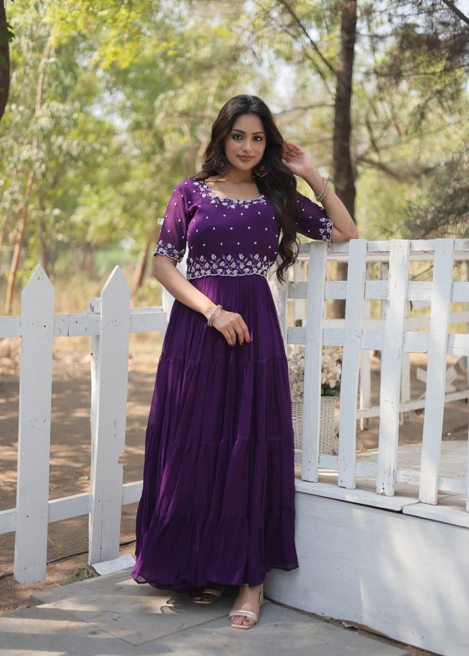 Pehnava Style Faux Blooming With Beads Embroidery Work Gown