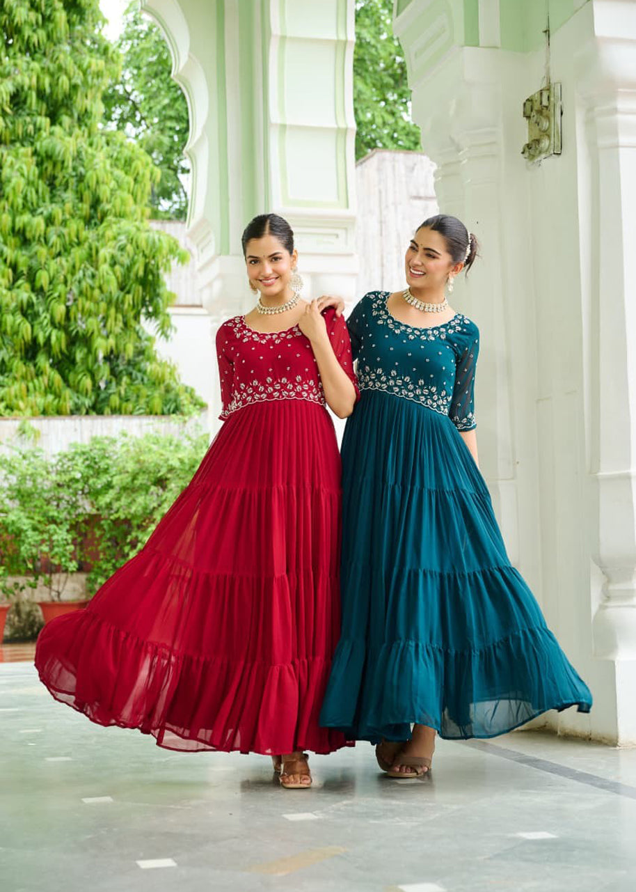 Pehnava Style Faux Blooming With Beads Embroidery Work Gown