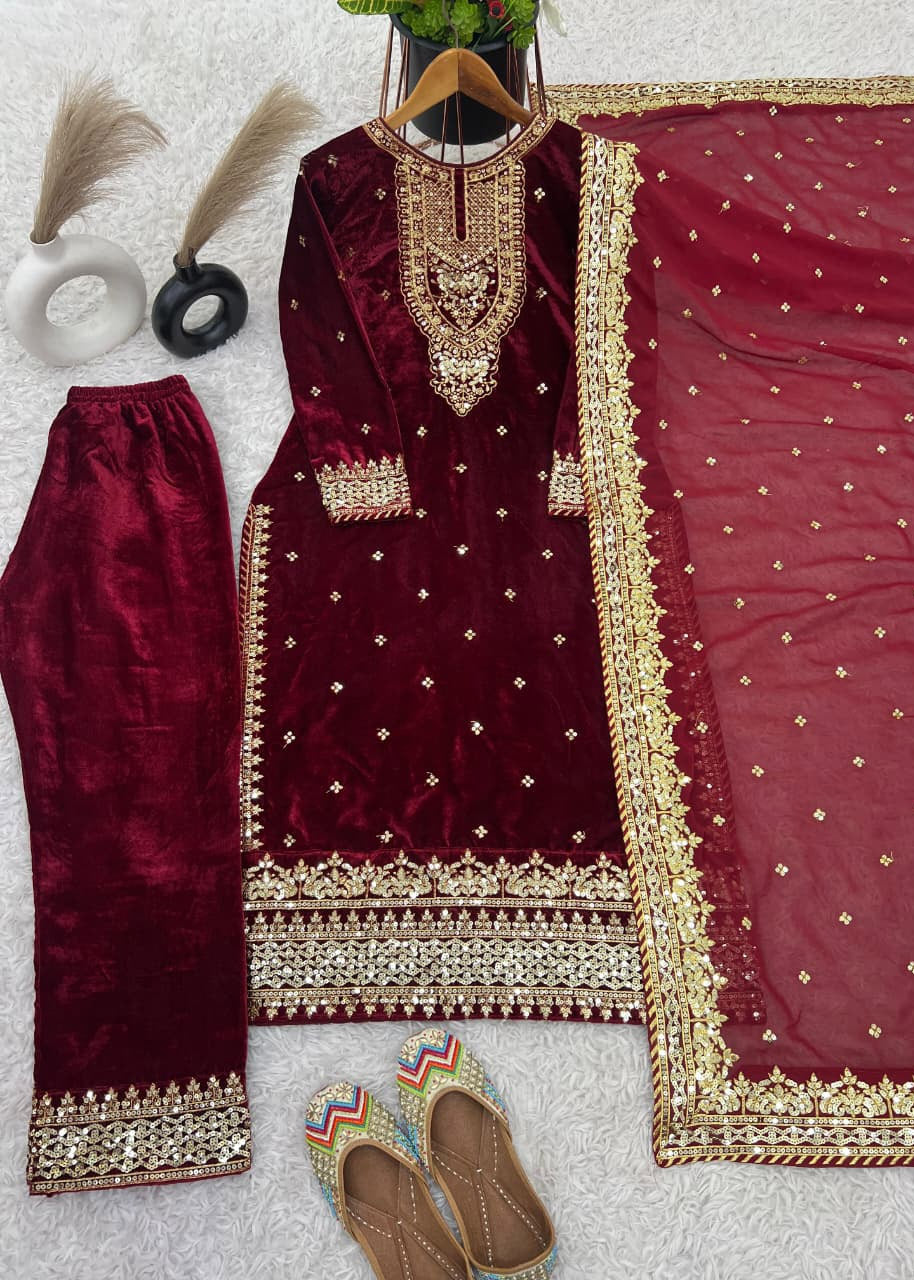 Party Wear Velvet Designer Set – Top, Bottom & Dupatta