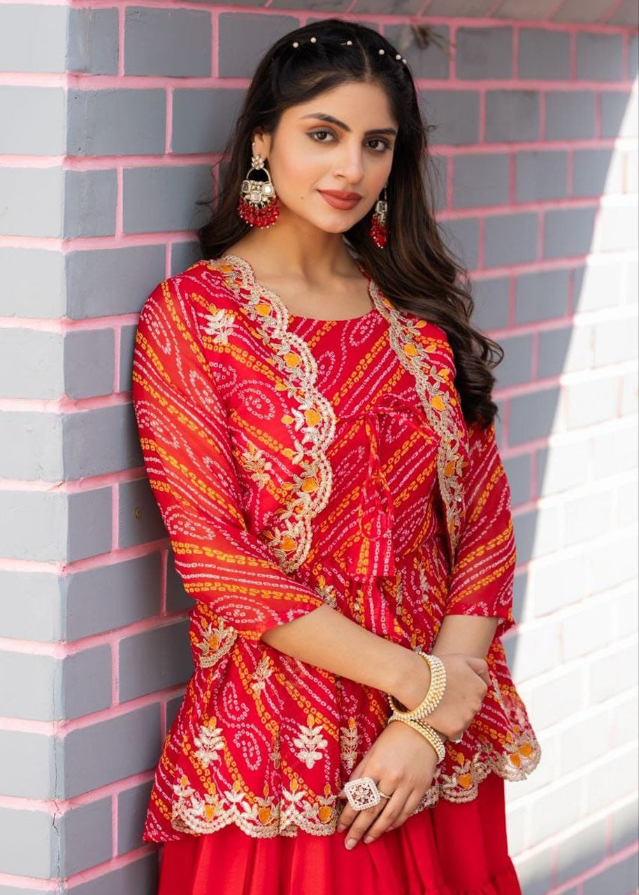 Designer Embroidery Pink Bandhej Lehenga Crop Top & Jacket
