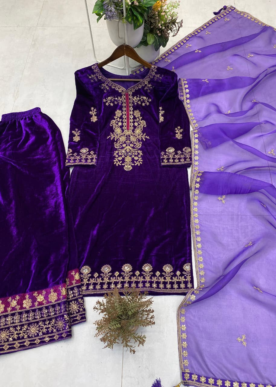 Luxury Winter Velvet Kurta Plazzo Set for Wedding & Party Wear