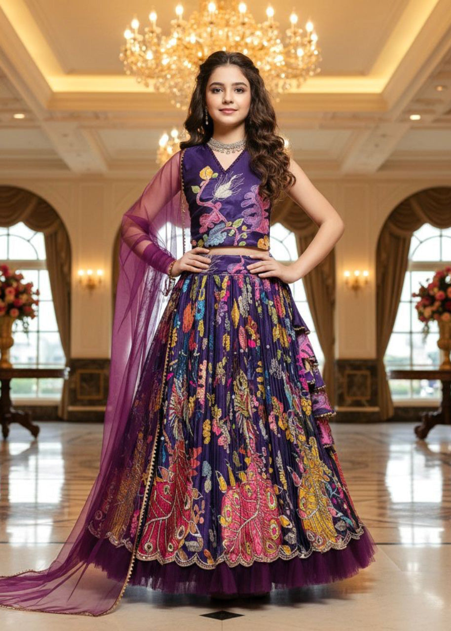 Premium Wine Color Girls Lehenga Choli Set – Kids Party Wear