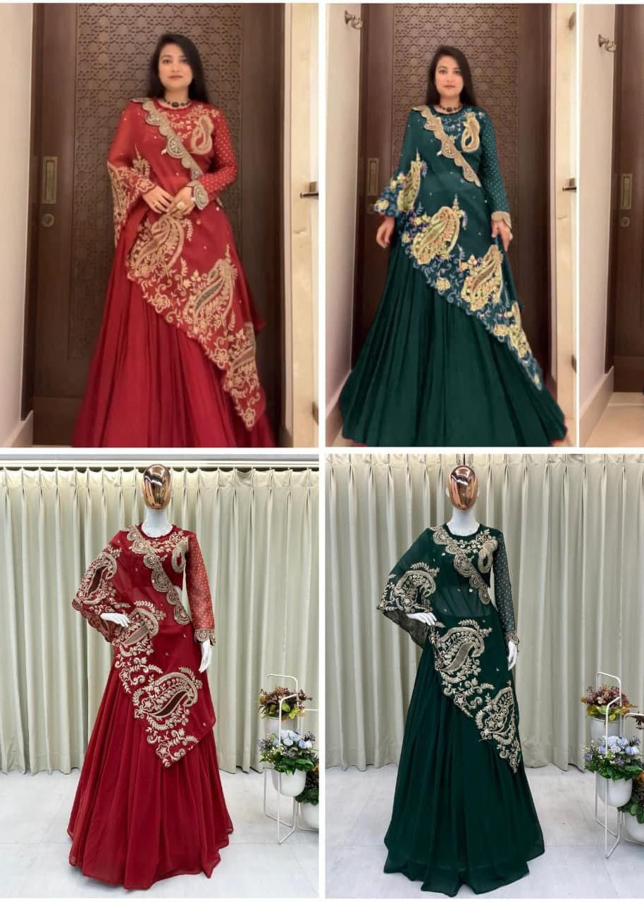 Designer Georgette Sequence Embroidery Work Lehenga With Shrug