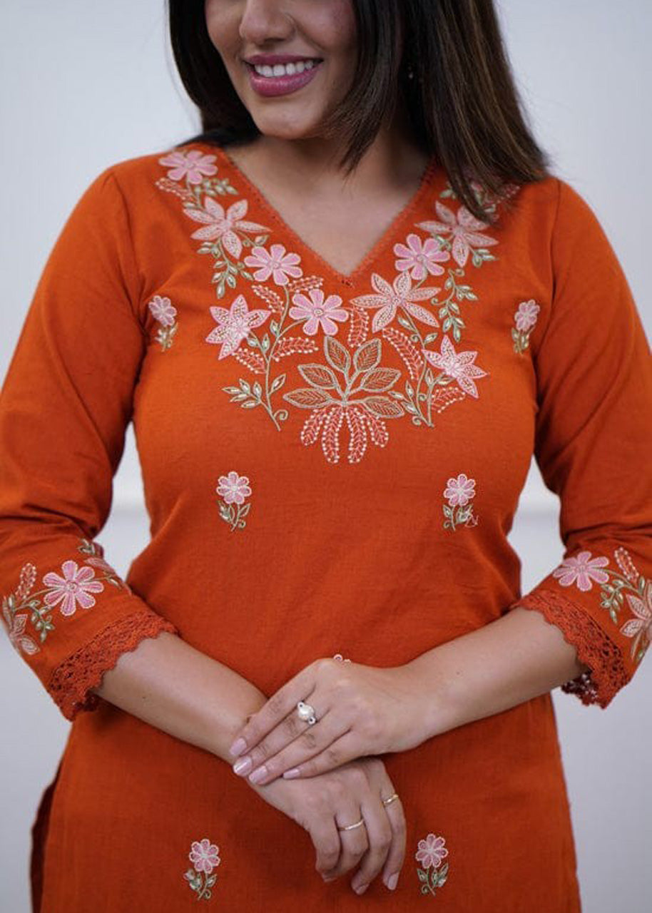 Pure Cotton Slub Embroidered Kurta Pant Set