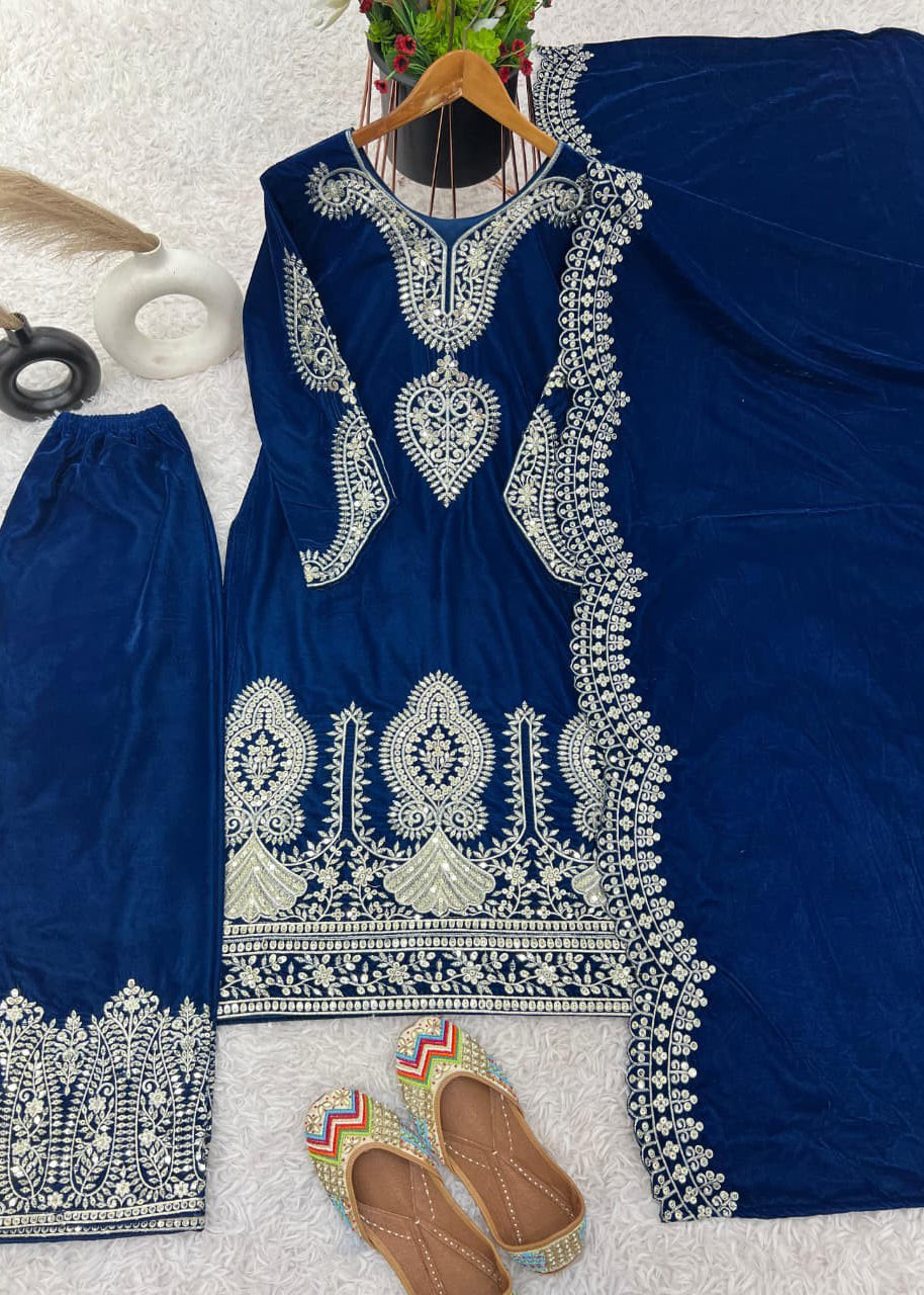 Blue Velvet Embroidered Suit
