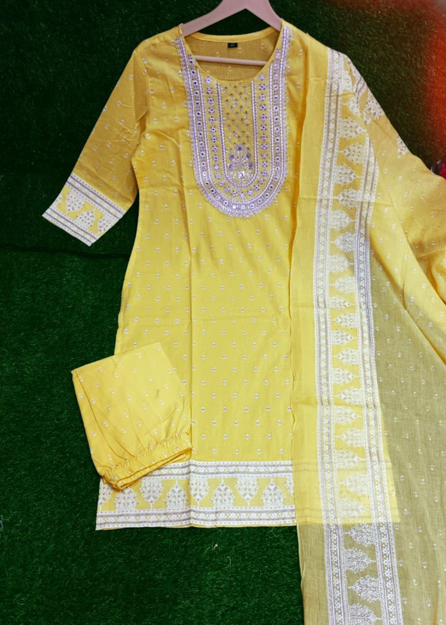 Printed Cotton Kurta Set with Sequin Mirror Work &amp; Dupatta