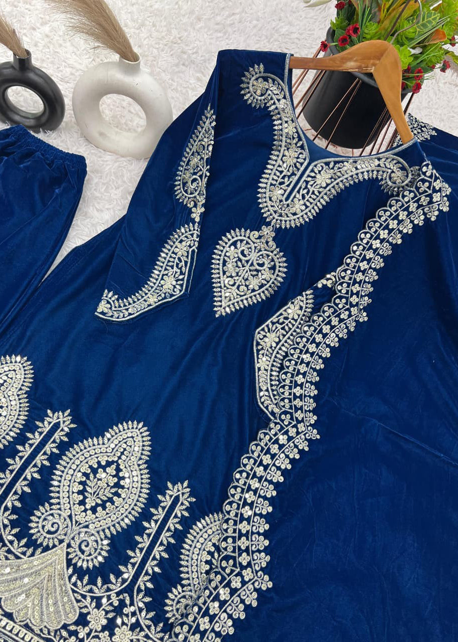 Blue Velvet Embroidered Suit