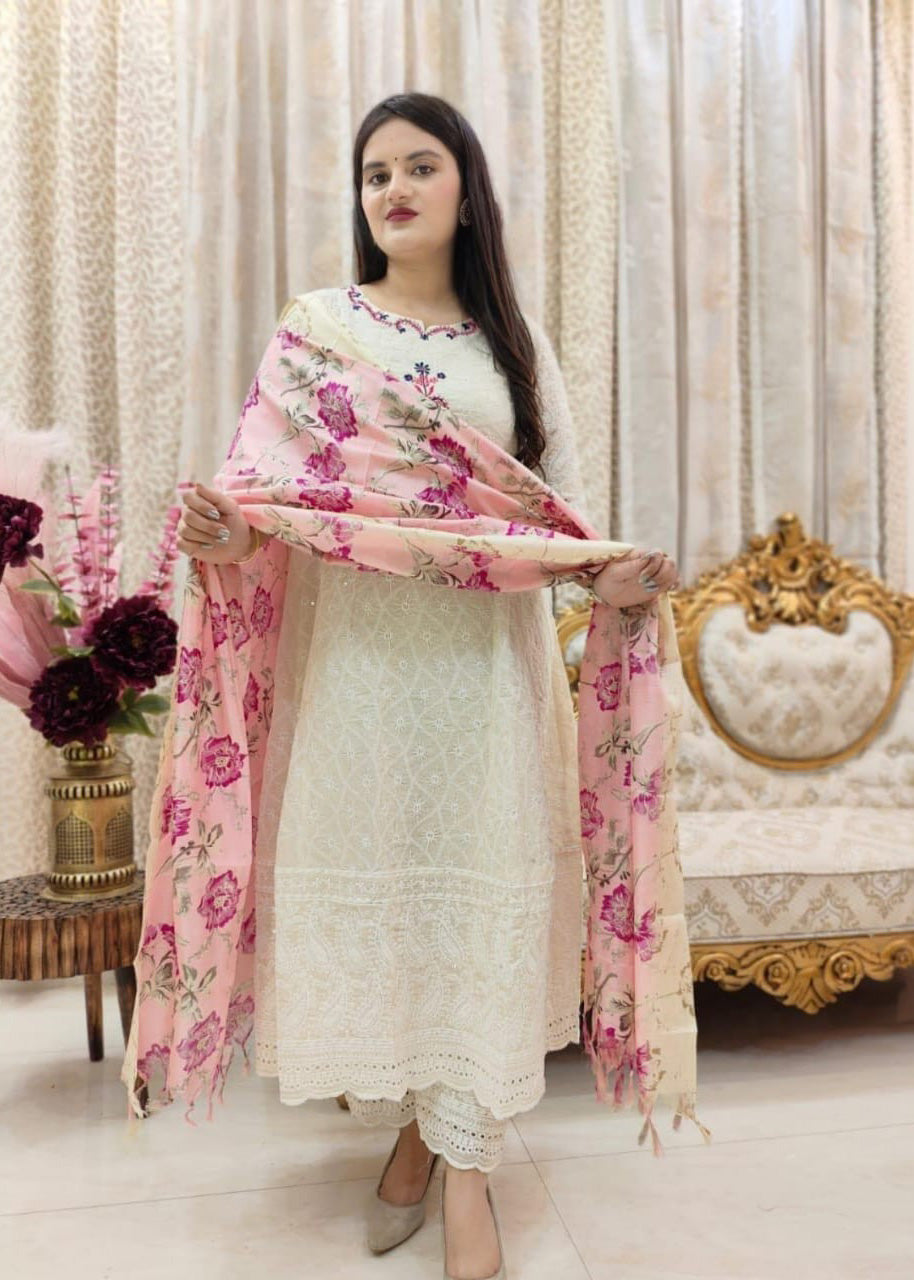 Premium Cotton Chikankari Anarkali Kurta Pant Set with Silk Dupatta