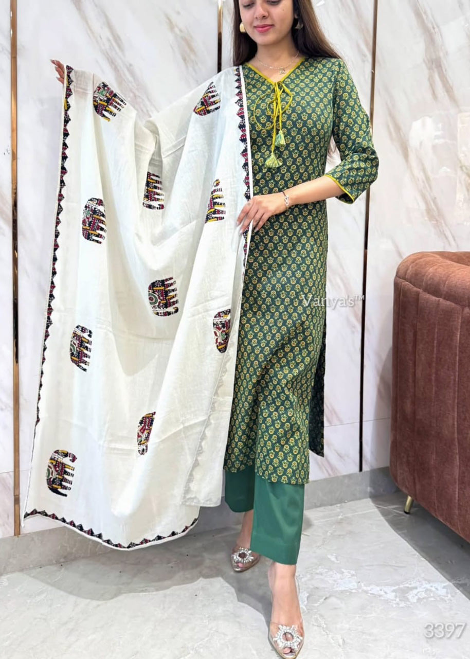 Designer Mughal Block Printed Mul Cotton Kurta Pant Dupatta Set