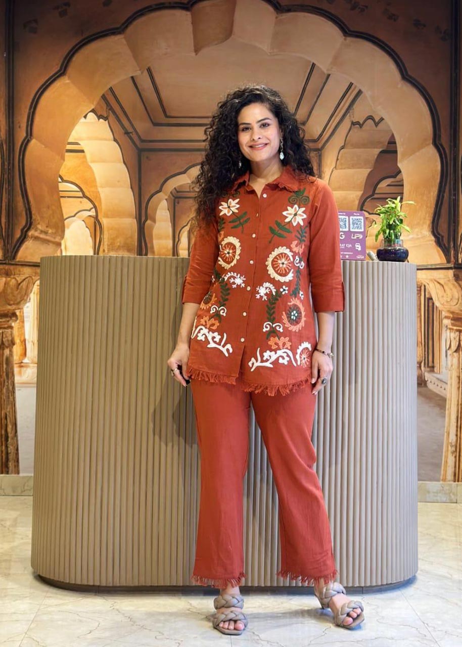 STYLIST COTTON FLAX EMBROIDERY WORK CO ORD SET B