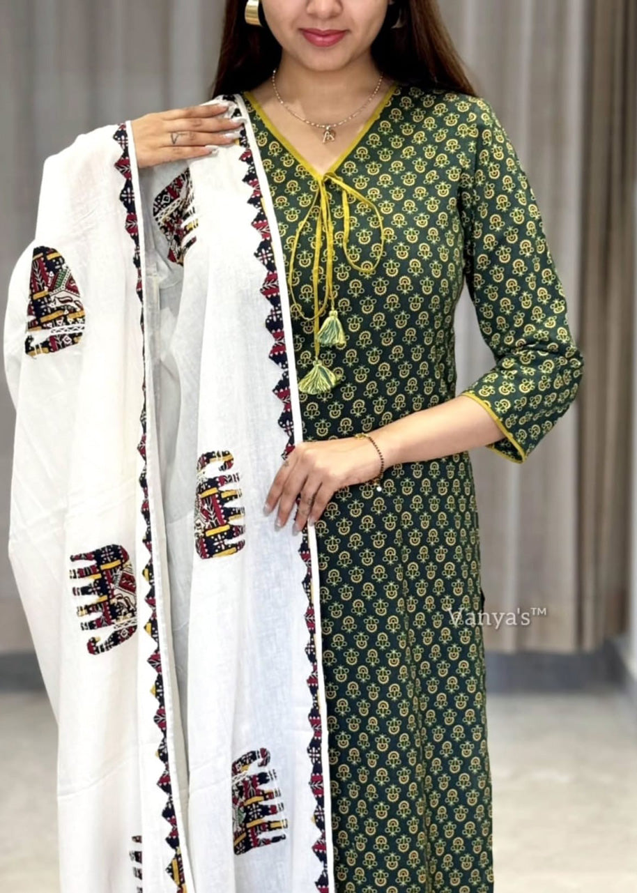 Designer Mughal Block Printed Mul Cotton Kurta Pant Dupatta Set