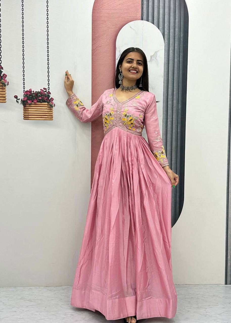 Premium Designer Chinon Gown with Thread Embroidery