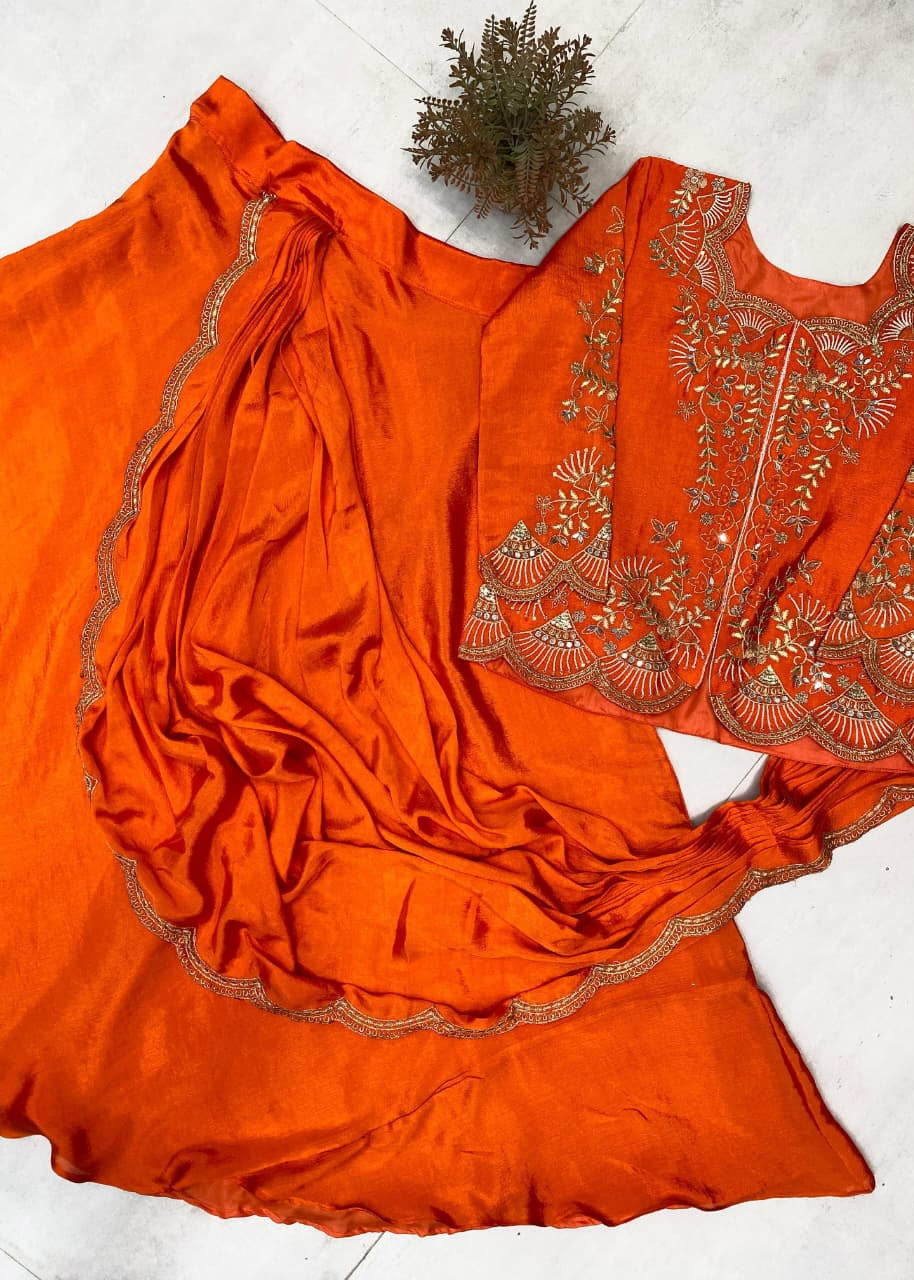 Designer Chinon Lehenga Saree with Long Blouse – Bridal, Wedding & Party Wear