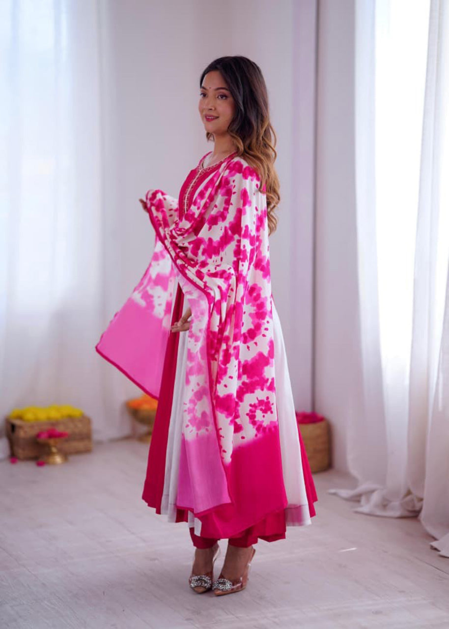 Elegant Embroidery with Digital Printed Designer Anarkali Three Piece Set