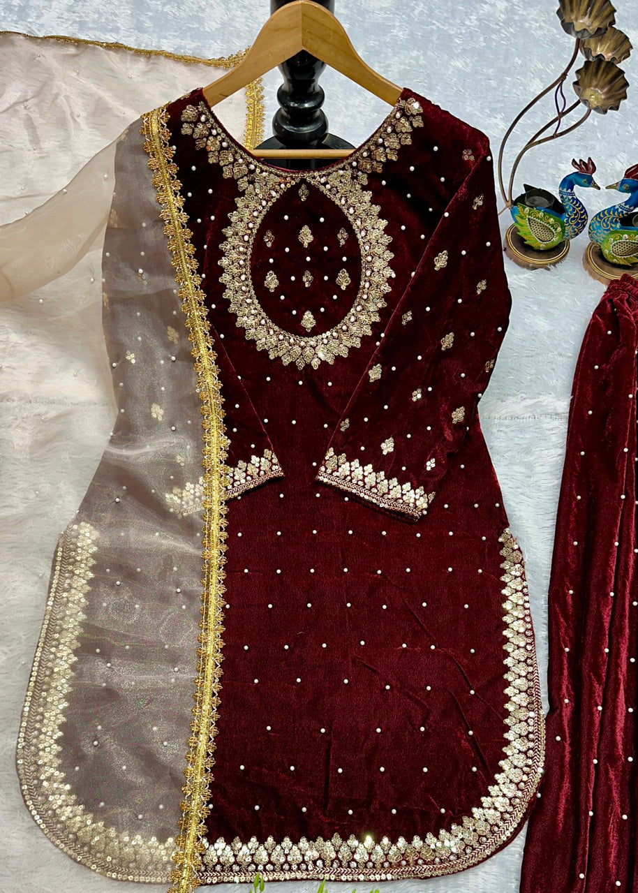 Designer Party Wear Top & Pant Plazzo & With Fancy Dupatta & Embroidery Work