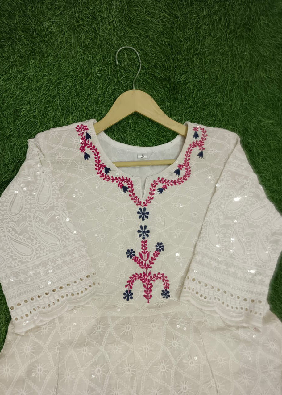 Premium Cotton Chikankari Anarkali Kurta Pant Set with Silk Dupatta