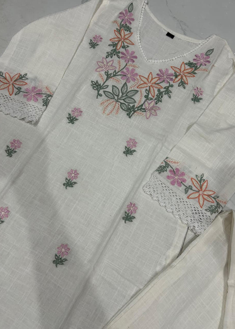 Pure Cotton Slub Embroidered Kurta Pant Set