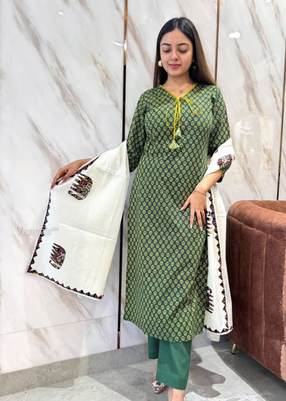 Designer Mughal Block Printed Mul Cotton Kurta Pant Dupatta Set