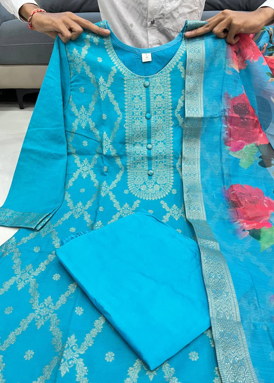 Elegant Banarasi Silk Suit Set with Zari Work – 3 Piece Set