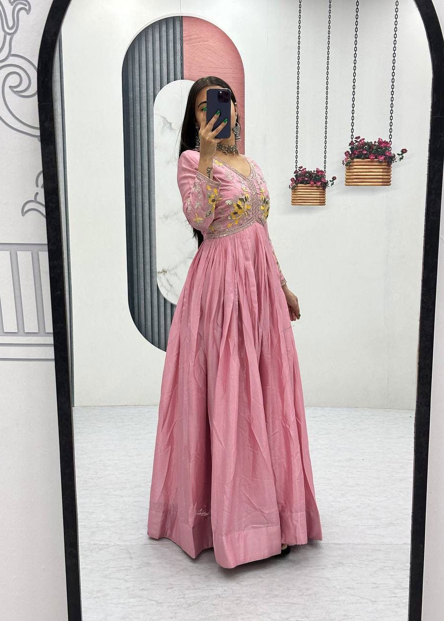 Premium Designer Chinon Gown with Thread Embroidery