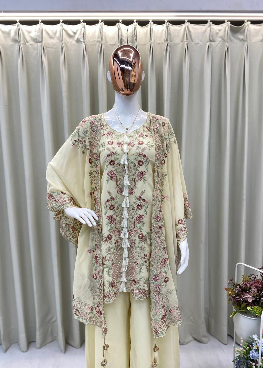 Designer Wear Kurta Plazzo Pair With Shruge In Sequence Embroidery Work