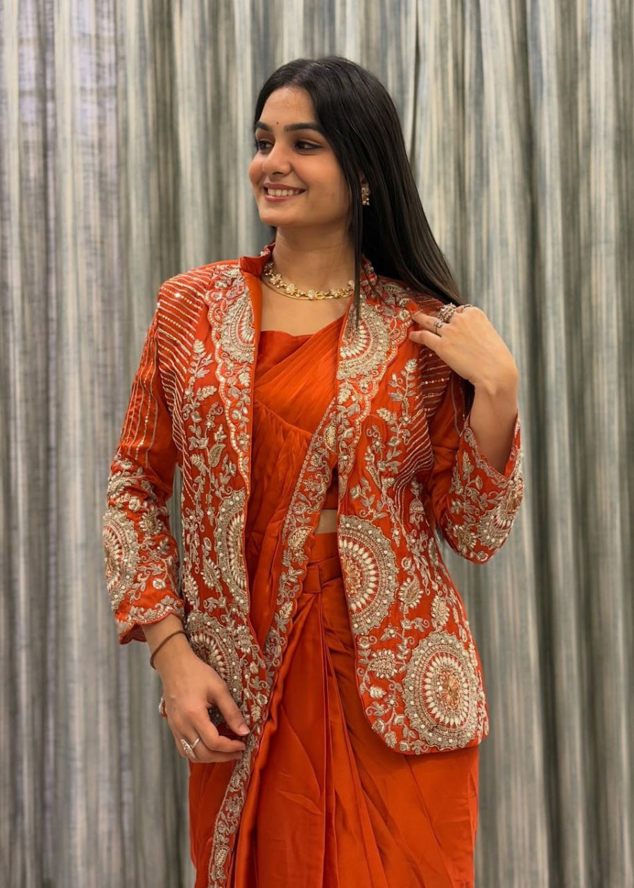 Premium Ready-to-Wear Embroidered Drape Saree Set